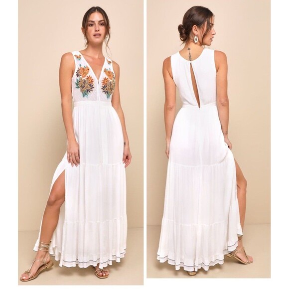 Lulus Tickets To Paradise White Embroidered Maxi Size Medium Dress Boho Coastal - Picture 1 of 12